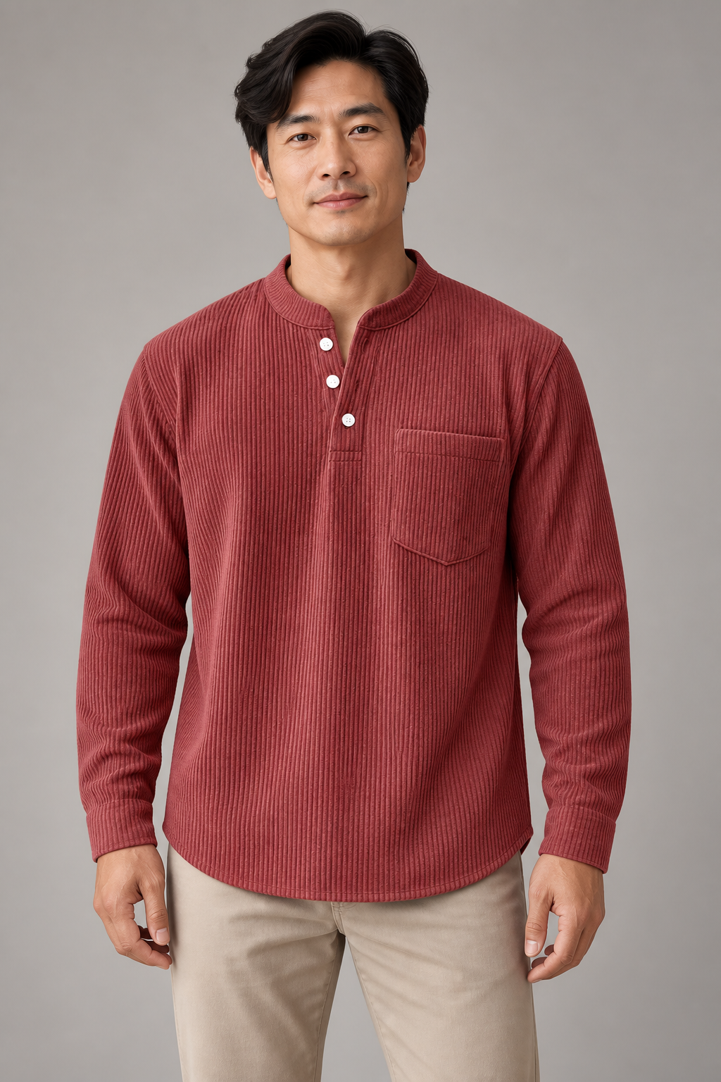 Men's corduroy Henley long-sleeve shirt, supplier variant Burgundy, worn by an adult model in a studio front view.