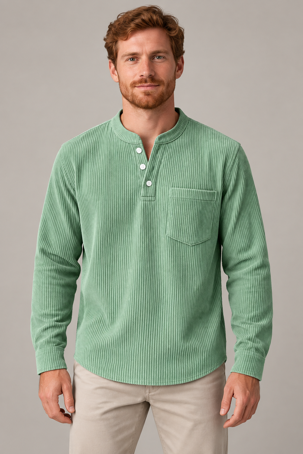 Men's corduroy Henley long-sleeve shirt, supplier variant Sage Green, worn by an adult model in a studio front view.