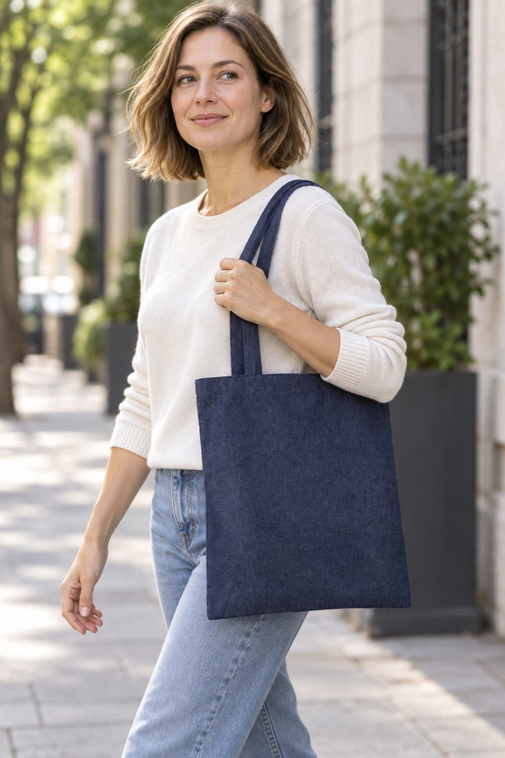 Indigo vertical version 35x40cm Denim-Blend Carry Tote lifestyle view