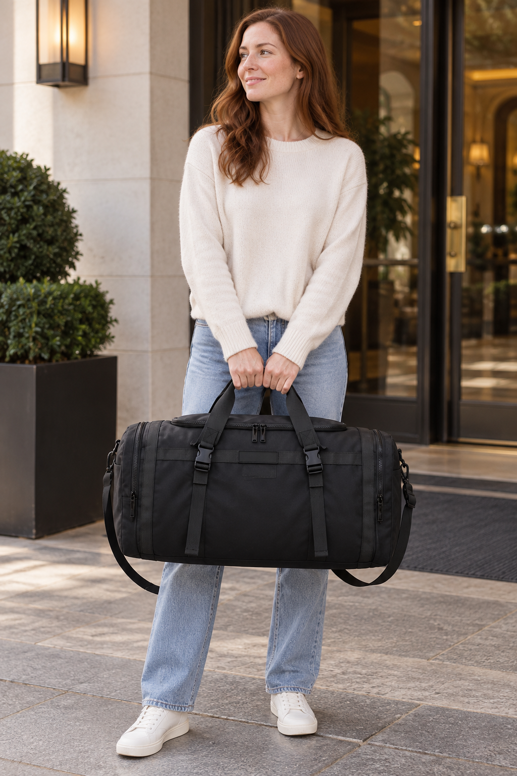 Black Foldable Multi-Compartment Travel Bag lifestyle view