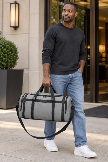 Gray Foldable Multi-Compartment Travel Bag lifestyle view