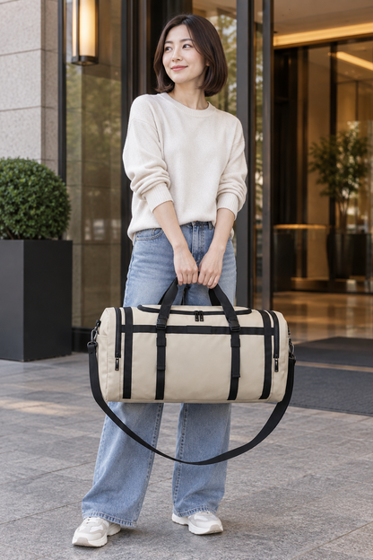Beige Foldable Multi-Compartment Travel Bag lifestyle view