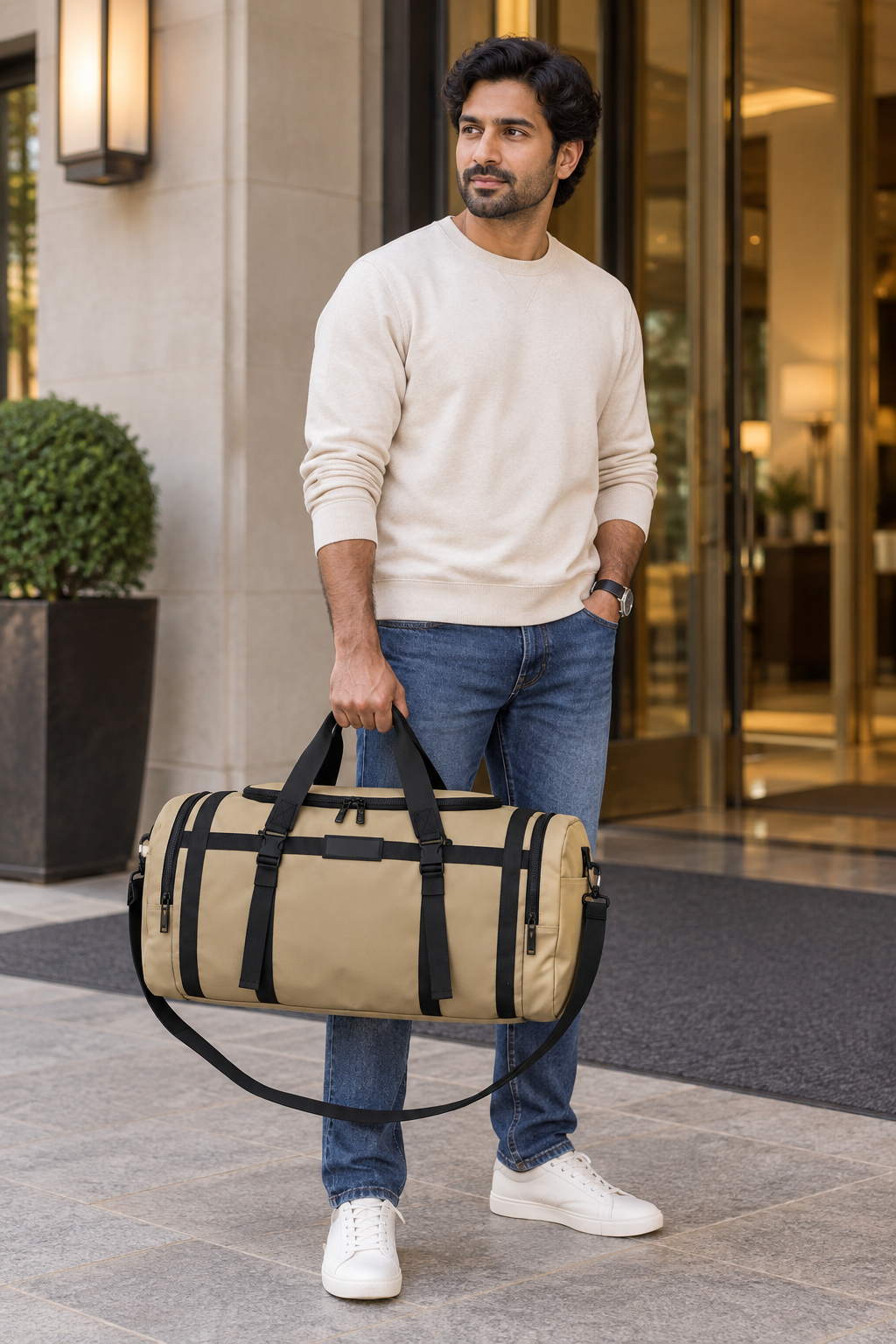 Khaki Foldable Multi-Compartment Travel Bag lifestyle view