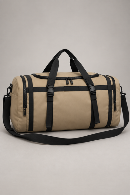 Khaki Foldable Multi-Compartment Travel Bag studio view