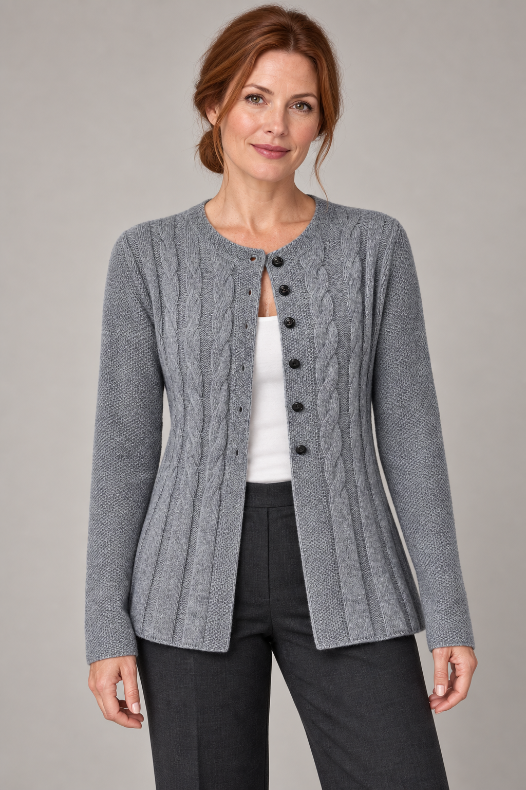 Women's grey knit cardigan studio view
