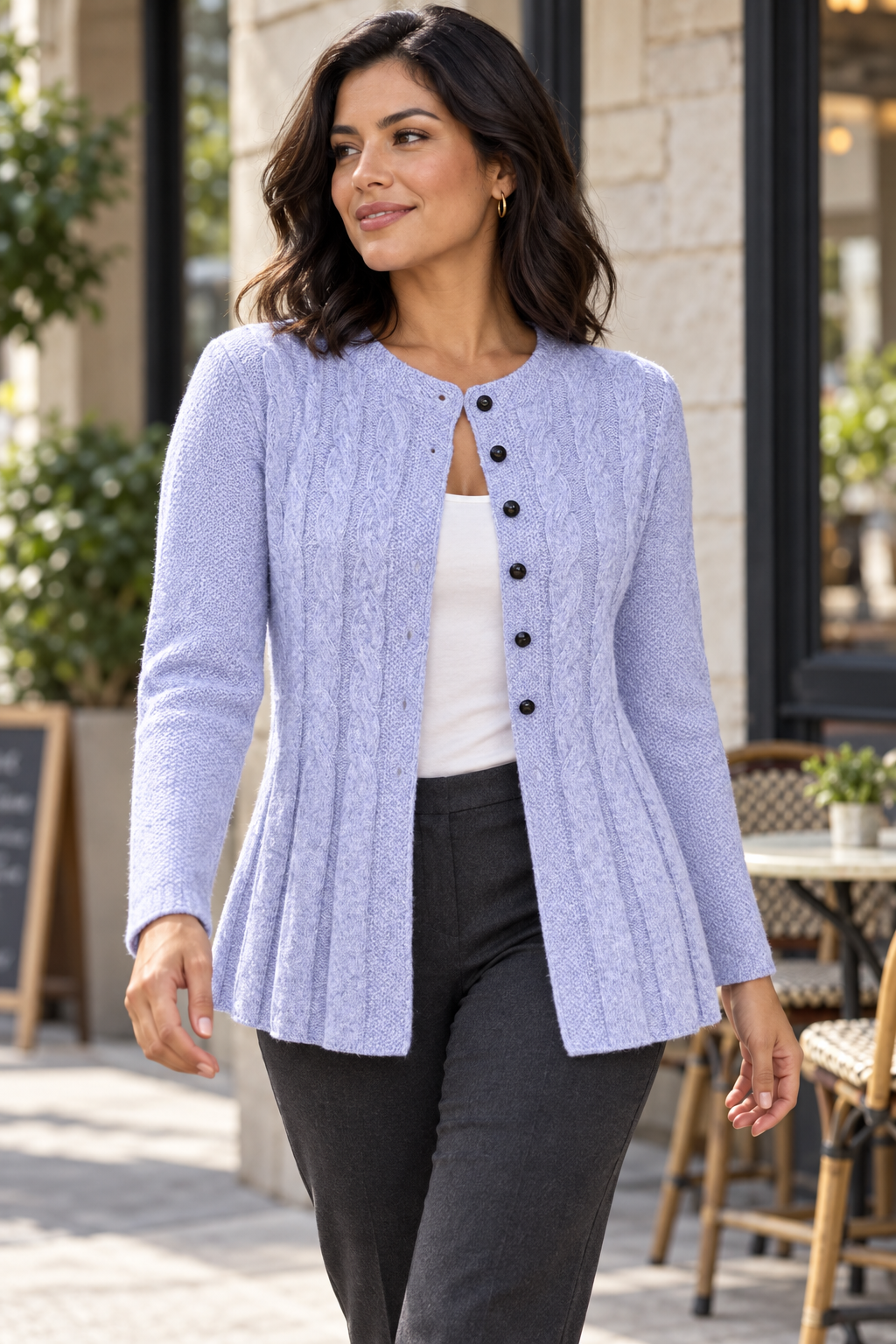 Women's lavender purple knit cardigan lifestyle view