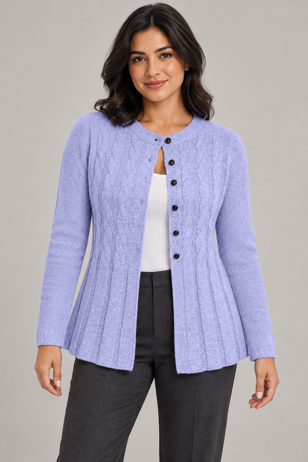 Women's lavender purple knit cardigan studio view