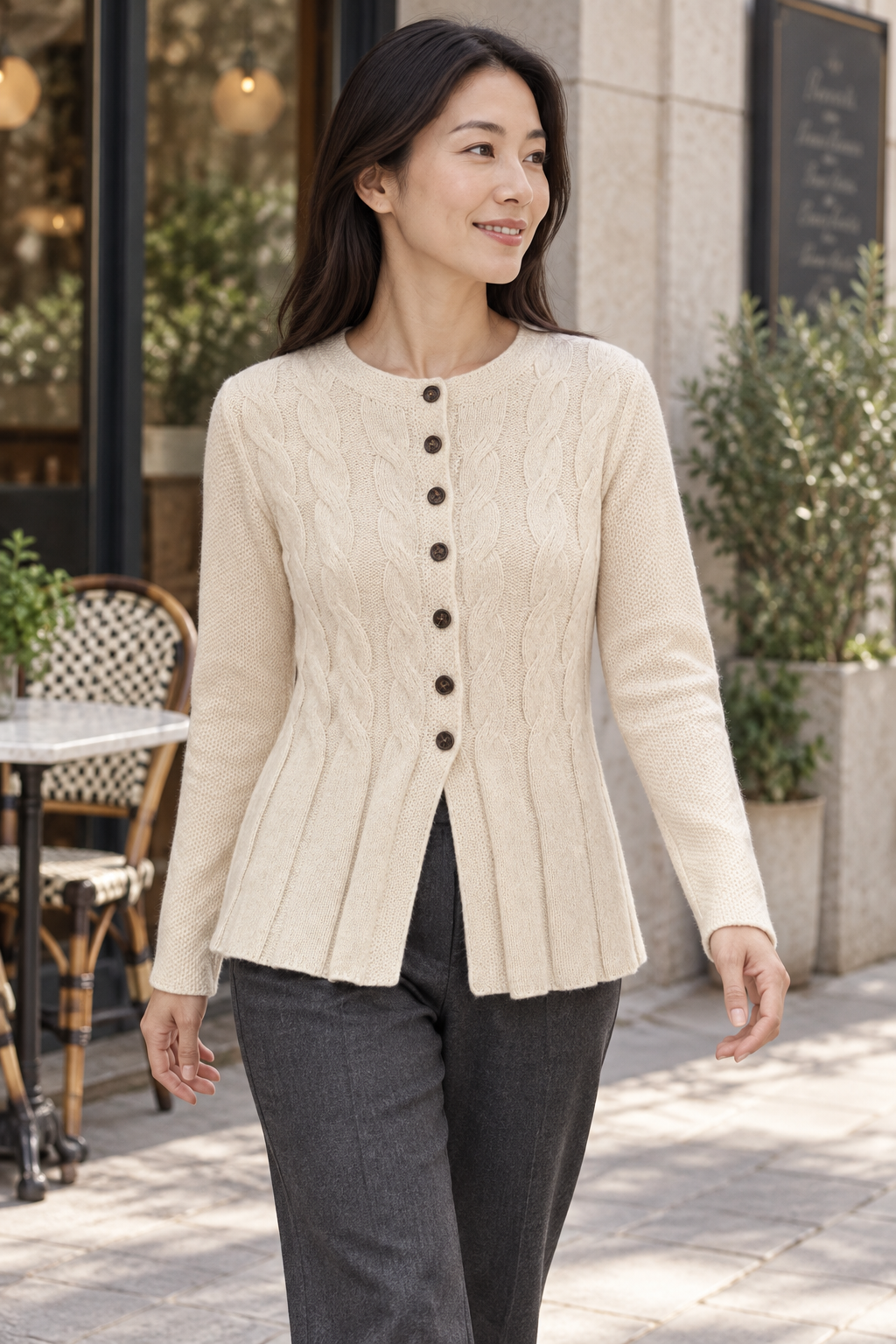 Women's off-white knit cardigan lifestyle view