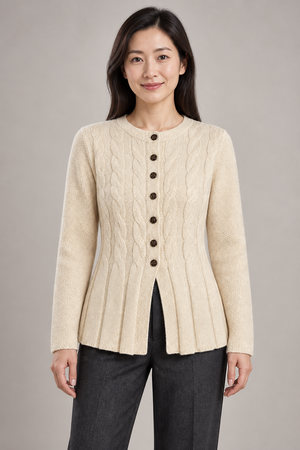 Women's off-white knit cardigan studio view