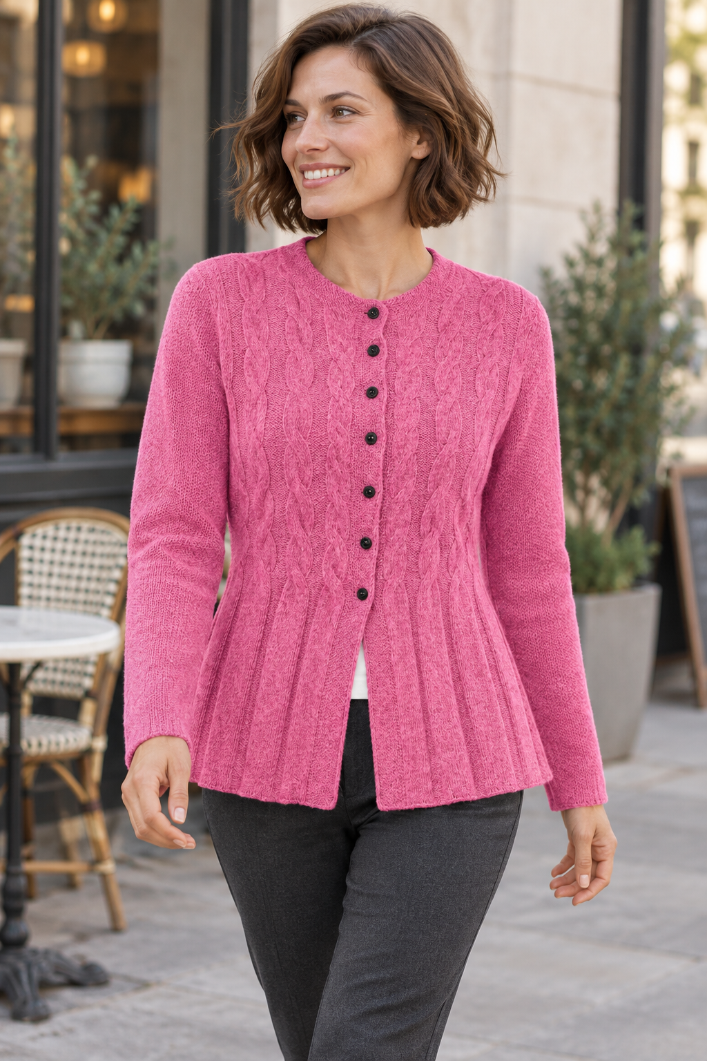 Women's rose red knit cardigan lifestyle view