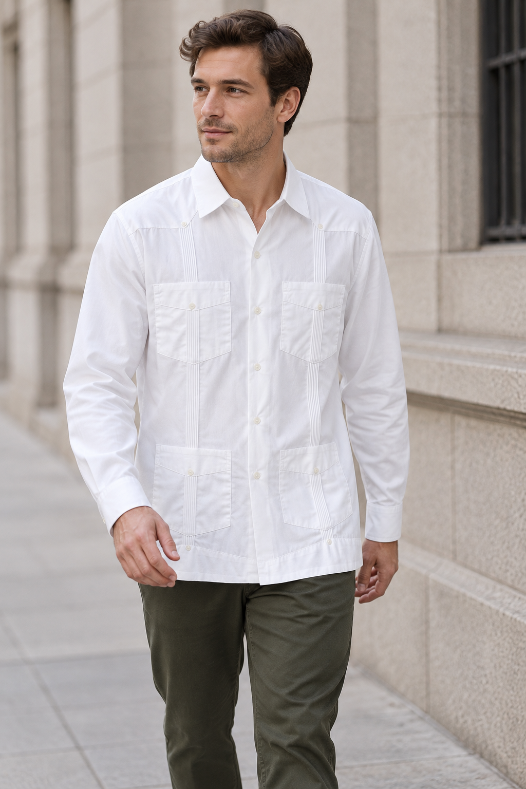 Men's white patchwork long-sleeve shirt lifestyle view