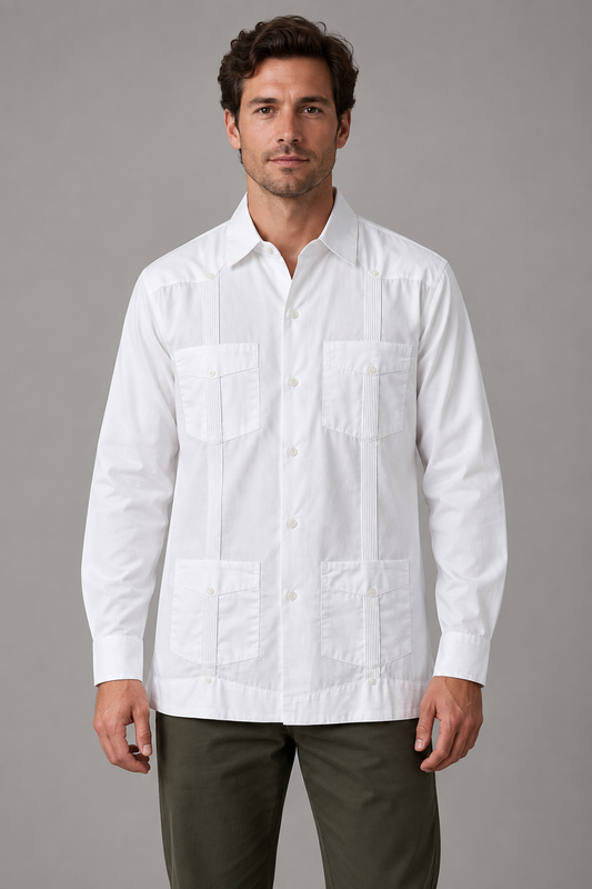 Men's white patchwork long-sleeve shirt studio view