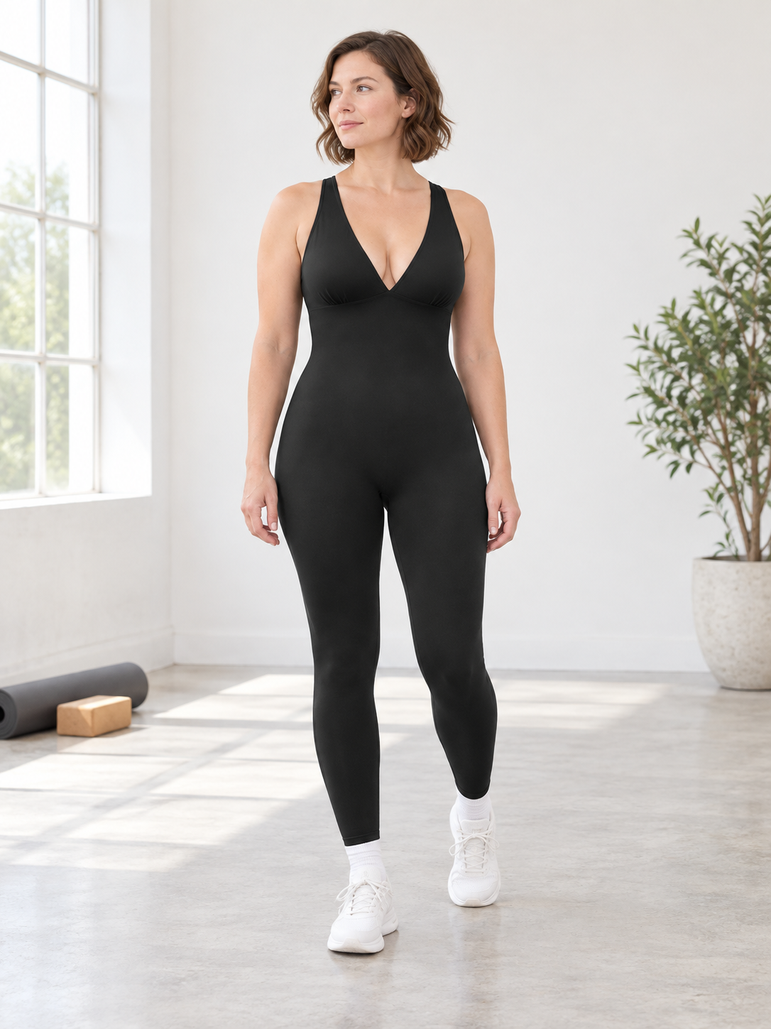 Women's black seamless bodysuit active lifestyle view