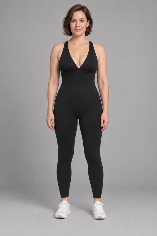 Women's black seamless bodysuit studio view