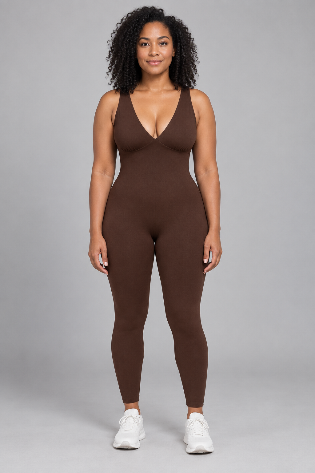Women's brown seamless bodysuit studio view