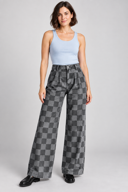 AuraX Women’s Checkered Wide-Leg Jeans — Dark Grey — studio