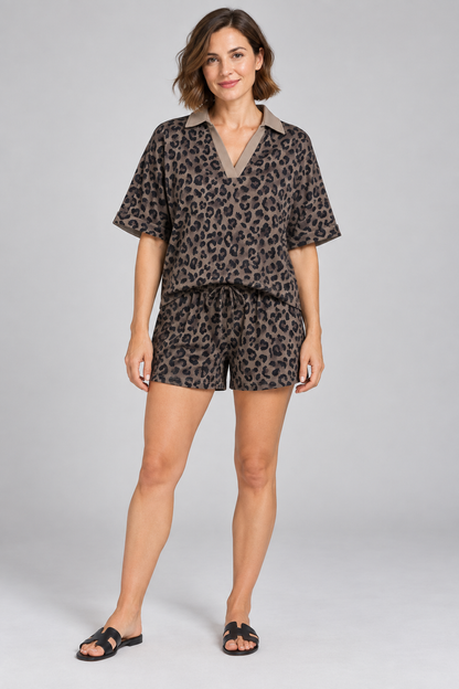 AuraX Women’s Leopard-Print Collared Top & Shorts Set — Brown — studio