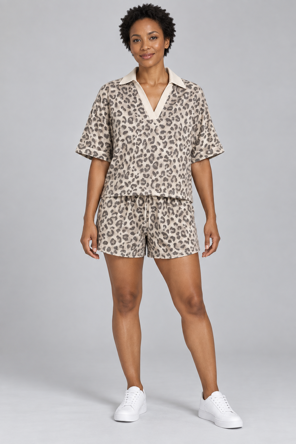 AuraX Women’s Leopard-Print Collared Top & Shorts Set — Khaki — studio