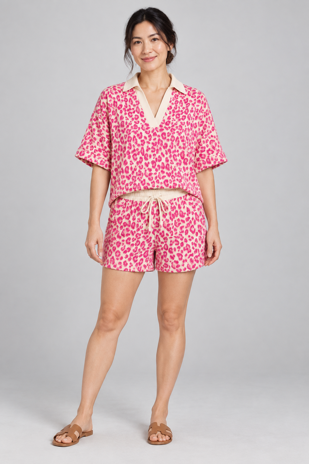 AuraX Women’s Leopard-Print Collared Top & Shorts Set — Rose — studio