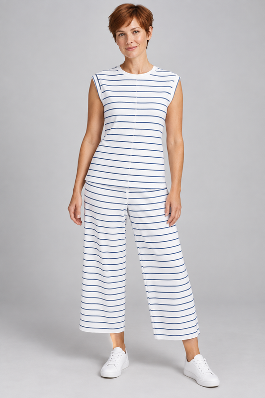 AuraX Women’s Striped Cap-Sleeve Top & Wide-Leg Pants Set — Sail Blue — studio