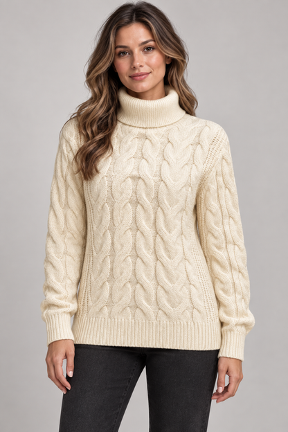 Women's Cable-Knit Turtleneck Sweater — Apricot studio hero