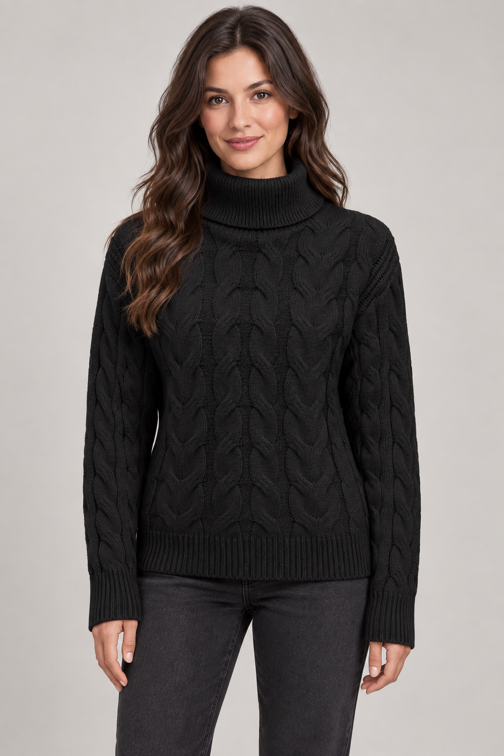 Women's Cable-Knit Turtleneck Sweater — Black studio hero