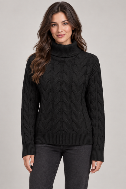 Women's Cable-Knit Turtleneck Sweater — Black studio hero
