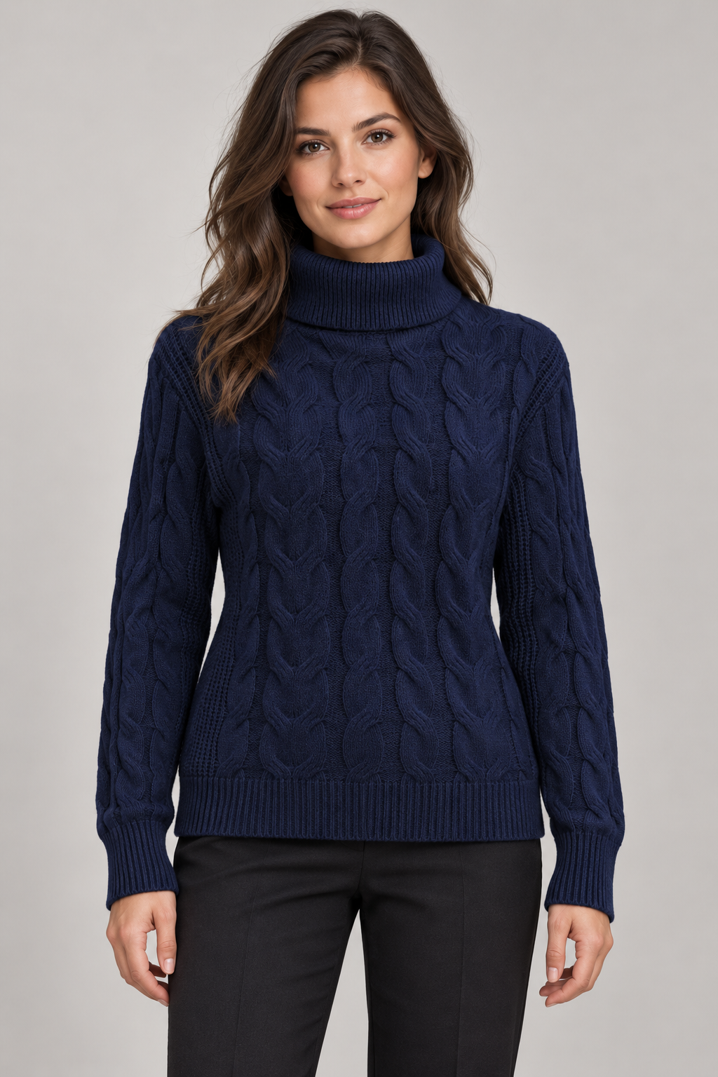 Women's Cable-Knit Turtleneck Sweater — Dark Blue studio hero