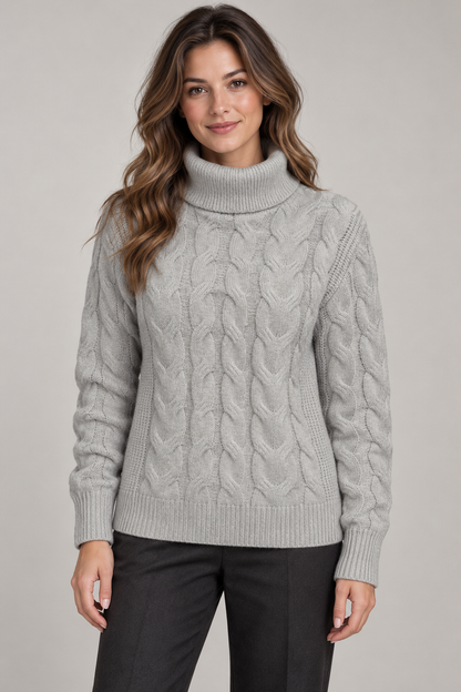 Women's Cable-Knit Turtleneck Sweater — Grey studio hero