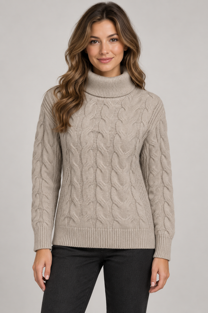 Women's Cable-Knit Turtleneck Sweater — Khaki studio hero