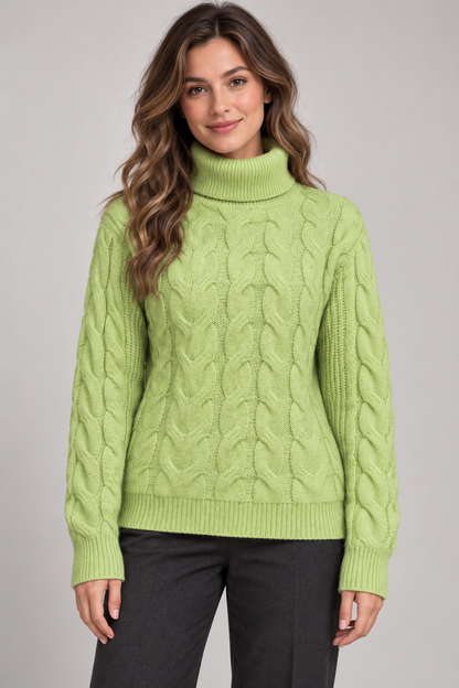 Women's Cable-Knit Turtleneck Sweater — Light Green studio hero