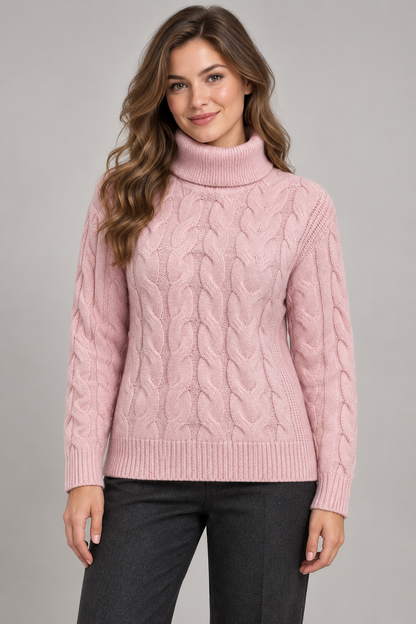 Women's Cable-Knit Turtleneck Sweater — Pink studio hero