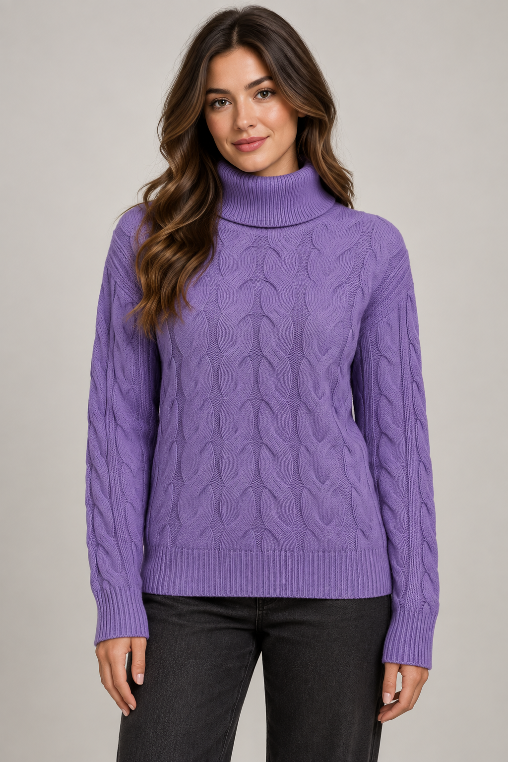 Women's Cable-Knit Turtleneck Sweater — Purple studio hero