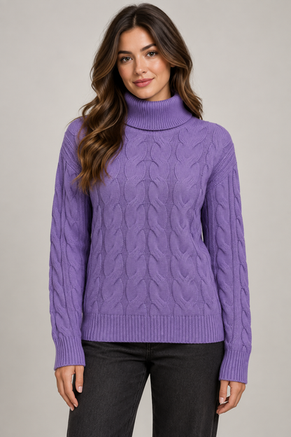Women's Cable-Knit Turtleneck Sweater — Purple studio hero