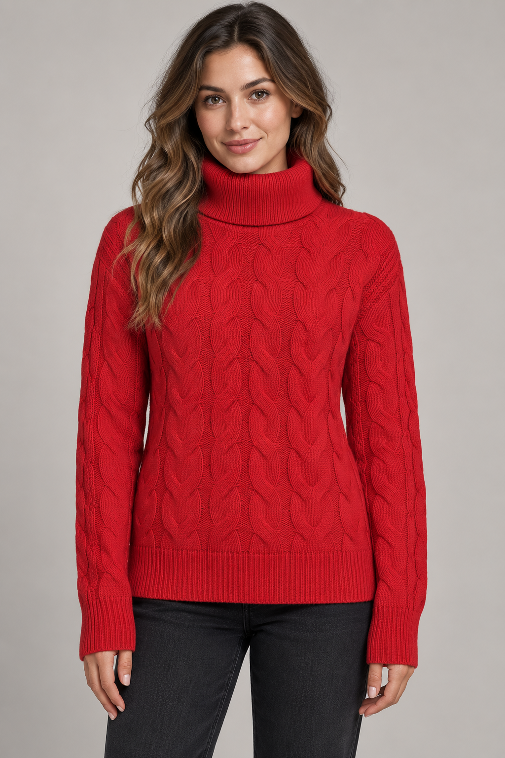 Women's Cable-Knit Turtleneck Sweater — Red studio hero