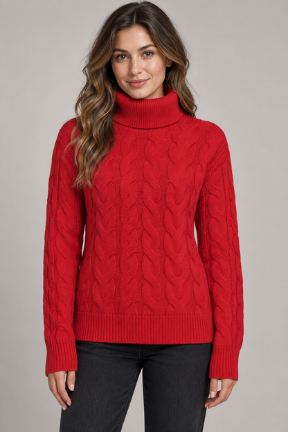 Women's Cable-Knit Turtleneck Sweater — Red studio hero