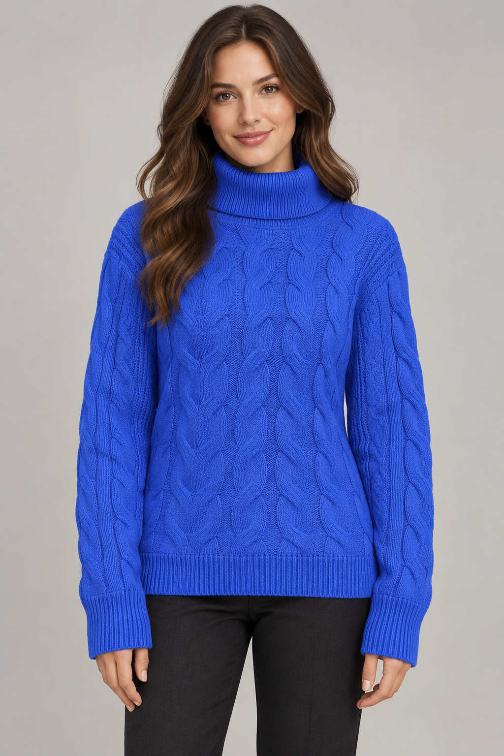 Women's Cable-Knit Turtleneck Sweater — Royal Blue studio hero