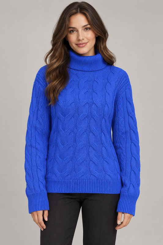 Women's Cable-Knit Turtleneck Sweater — Royal Blue studio hero