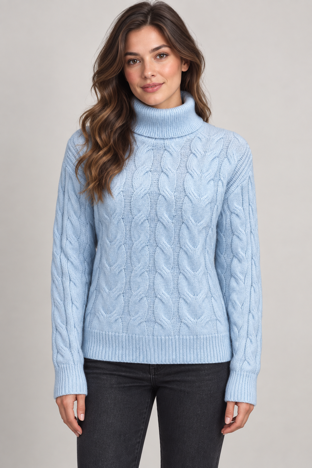 Women's Cable-Knit Turtleneck Sweater — Sky Blue studio hero
