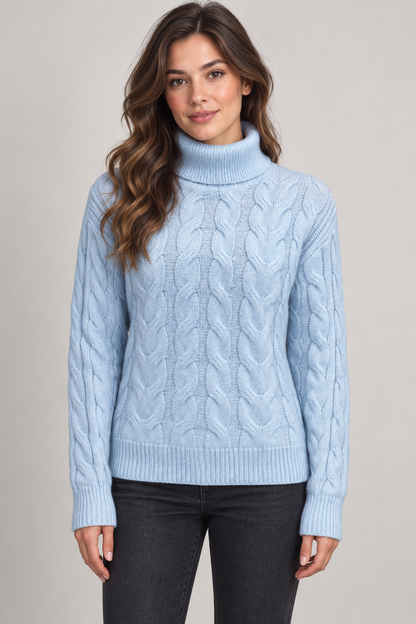 Women's Cable-Knit Turtleneck Sweater — Sky Blue studio hero