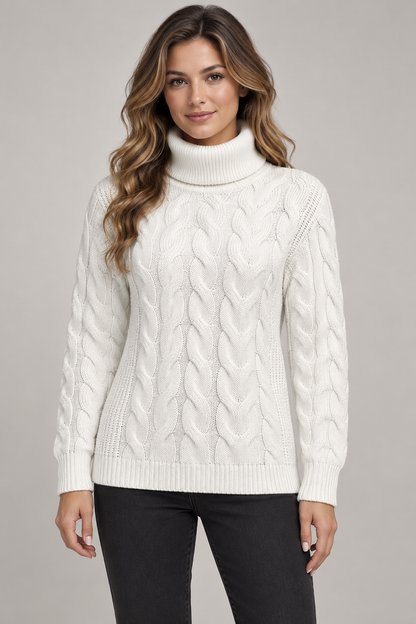 Women's Cable-Knit Turtleneck Sweater — White studio hero