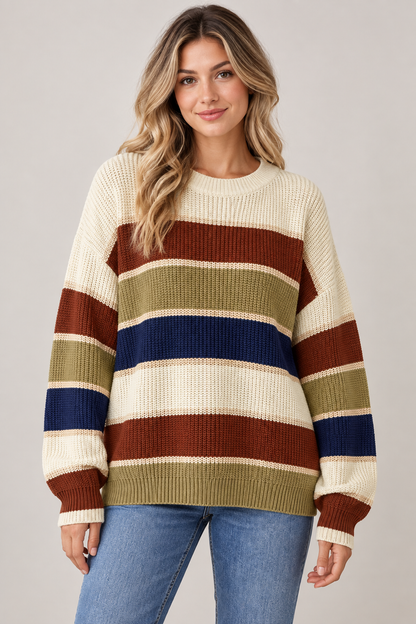 AuraX studio photo of Women's Colorblock Striped Crewneck Sweater in Apricot