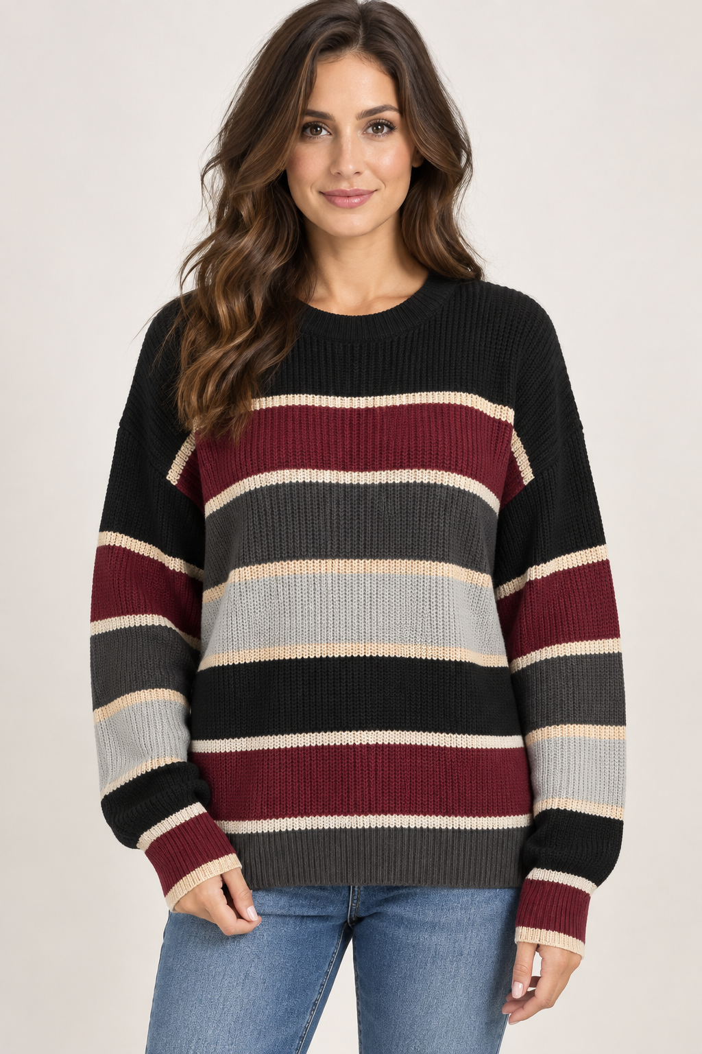 AuraX studio photo of Women's Colorblock Striped Crewneck Sweater in Black