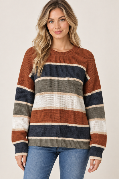 AuraX studio photo of Women's Colorblock Striped Crewneck Sweater in Dark Brown