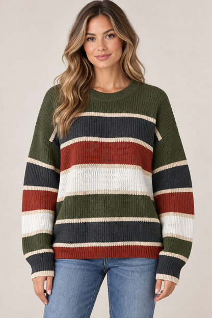 AuraX studio photo of Women's Colorblock Striped Crewneck Sweater in Dark Green