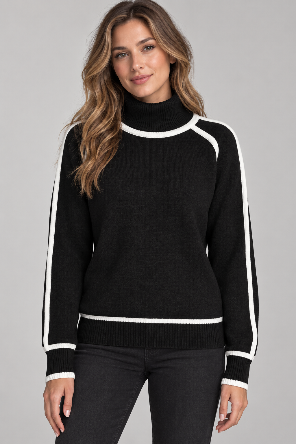 Women's Contrast-Trim Turtleneck Sweater — Black studio hero