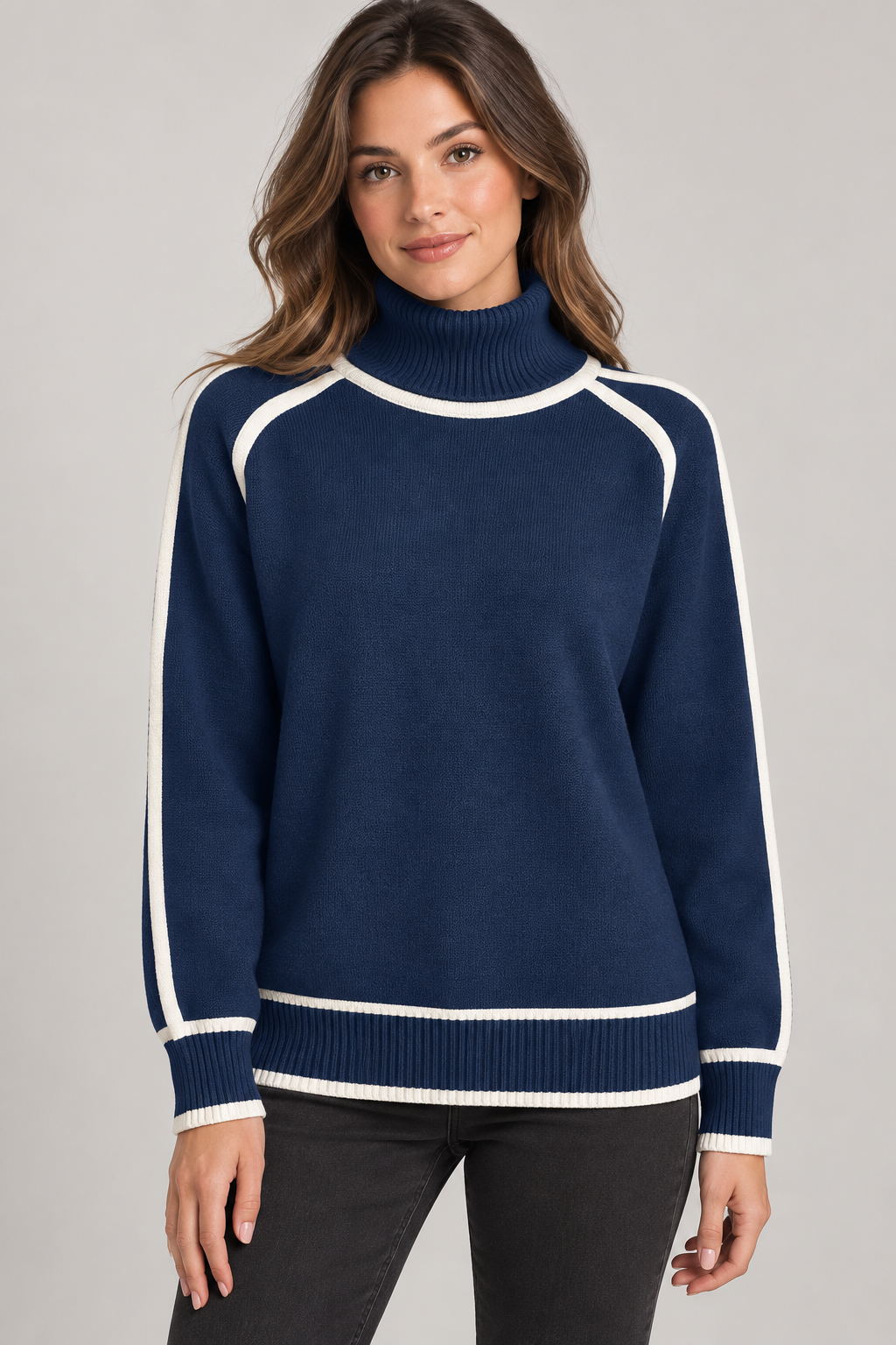 Women's Contrast-Trim Turtleneck Sweater — Blue studio hero