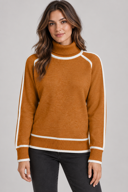Women's Contrast-Trim Turtleneck Sweater — Caramel Color studio hero