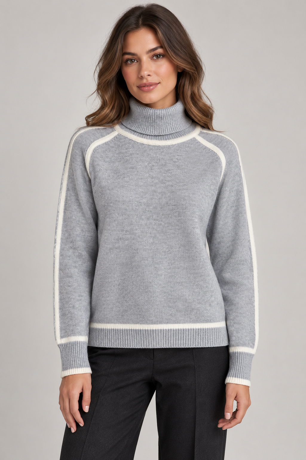 Women's Contrast-Trim Turtleneck Sweater — Gray studio hero