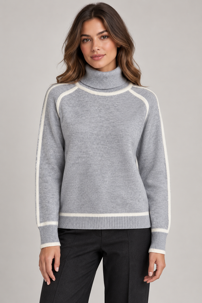 Women's Contrast-Trim Turtleneck Sweater — Gray studio hero